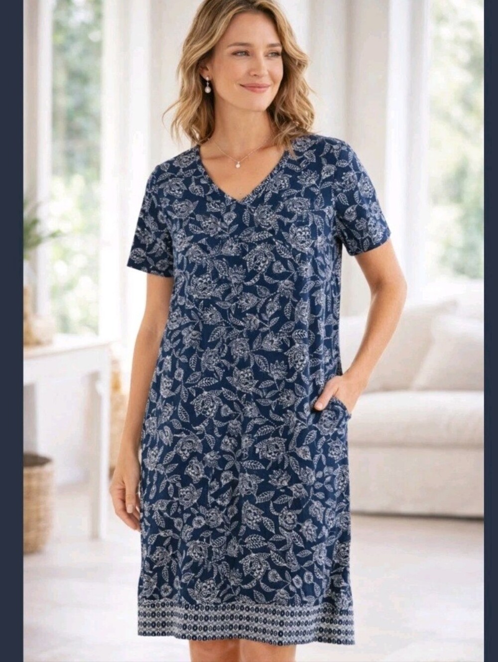 Pure Jill Buttoned Back T-Shirt Dress Women 4X Navy Pockets Floral Relaxed